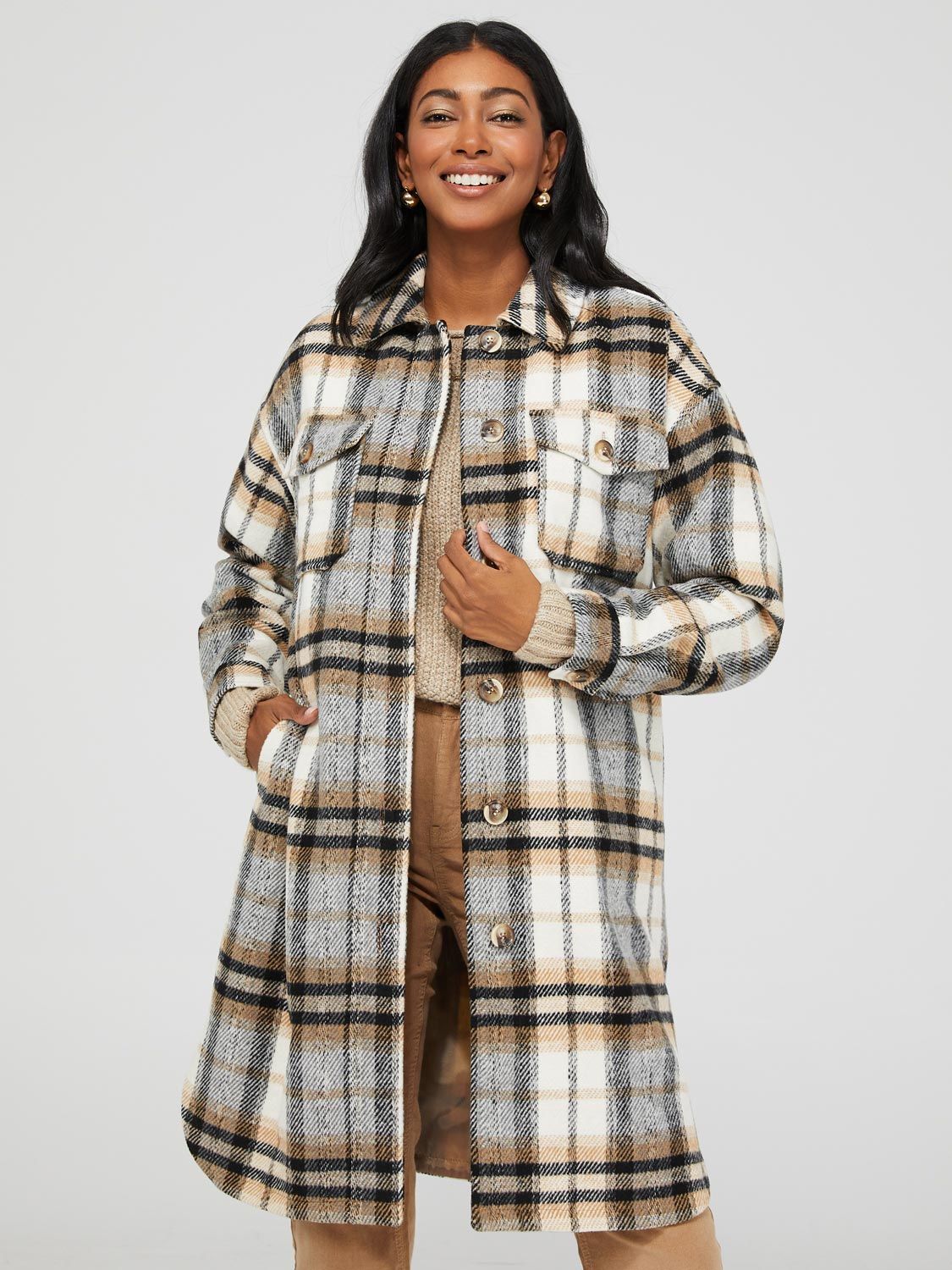 Long Plaid Shacket With Flap Pockets sold by Suzy Shier