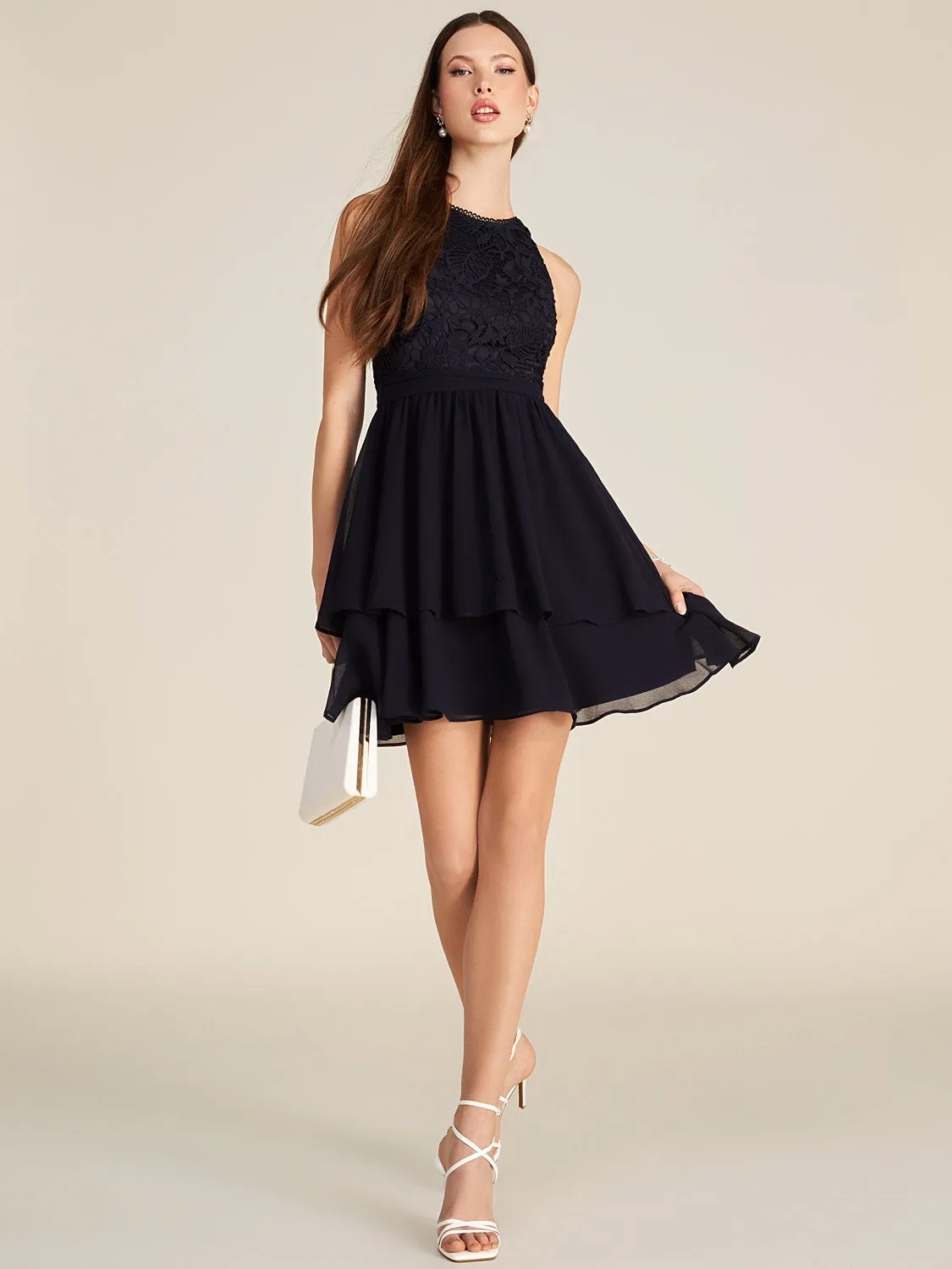 Halter Neck Lace & Chiffon Mini Fit & Flare Dress sold by Suzy Shier