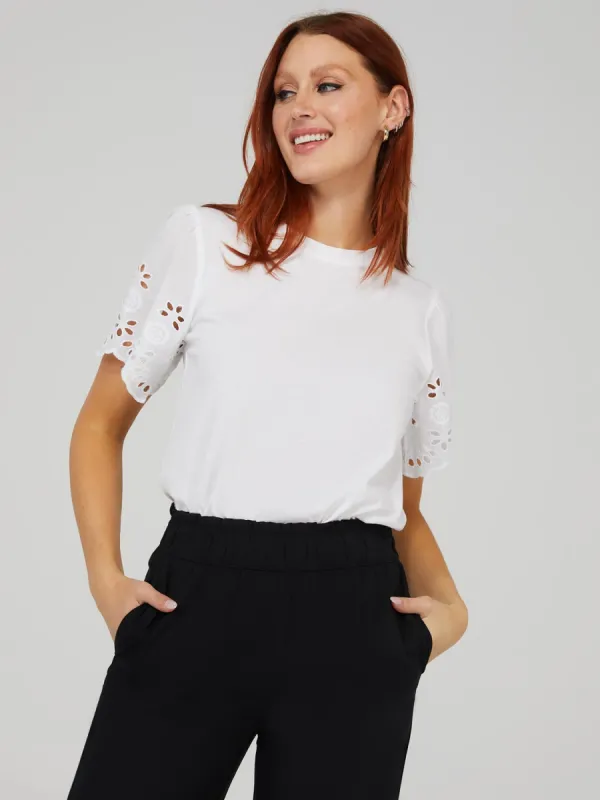 Eyelet Scallop Edge Sleeve Top sold by Suzy Shier