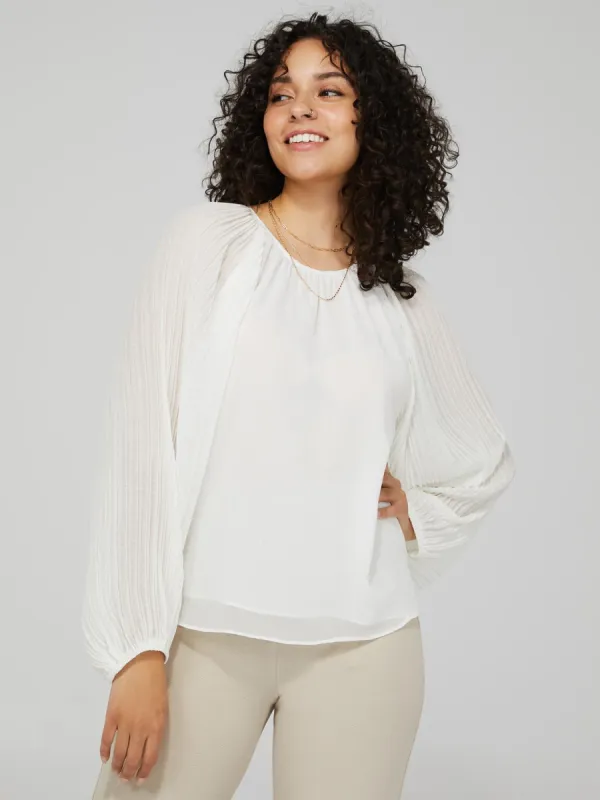 Plisse Chiffon Top With Pleated Balloon Sleeves sold by Suzy Shier