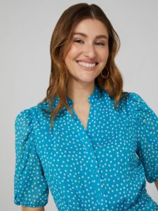 Polka Dot Split Neck Dress With Balloon Sleeve sold by Suzy Shier