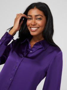 Satin Button-Front Blouse sold by Suzy Shier