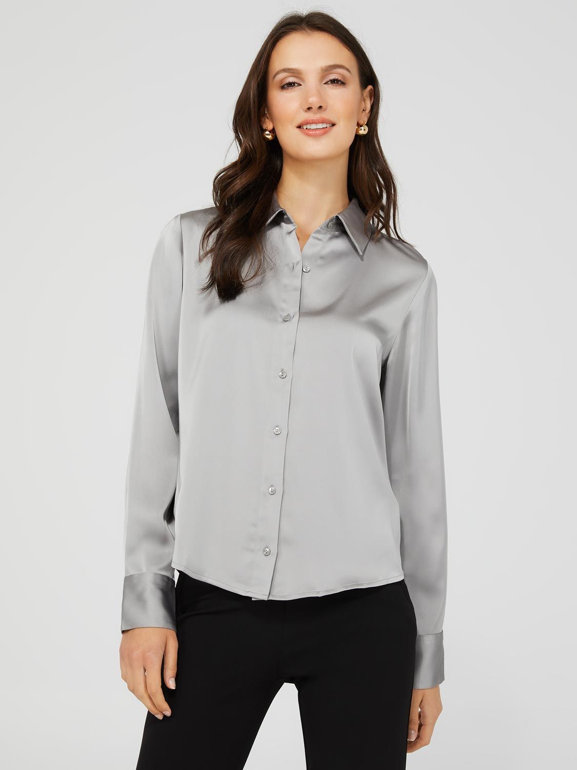 Satin Button-Front Blouse sold by Suzy Shier