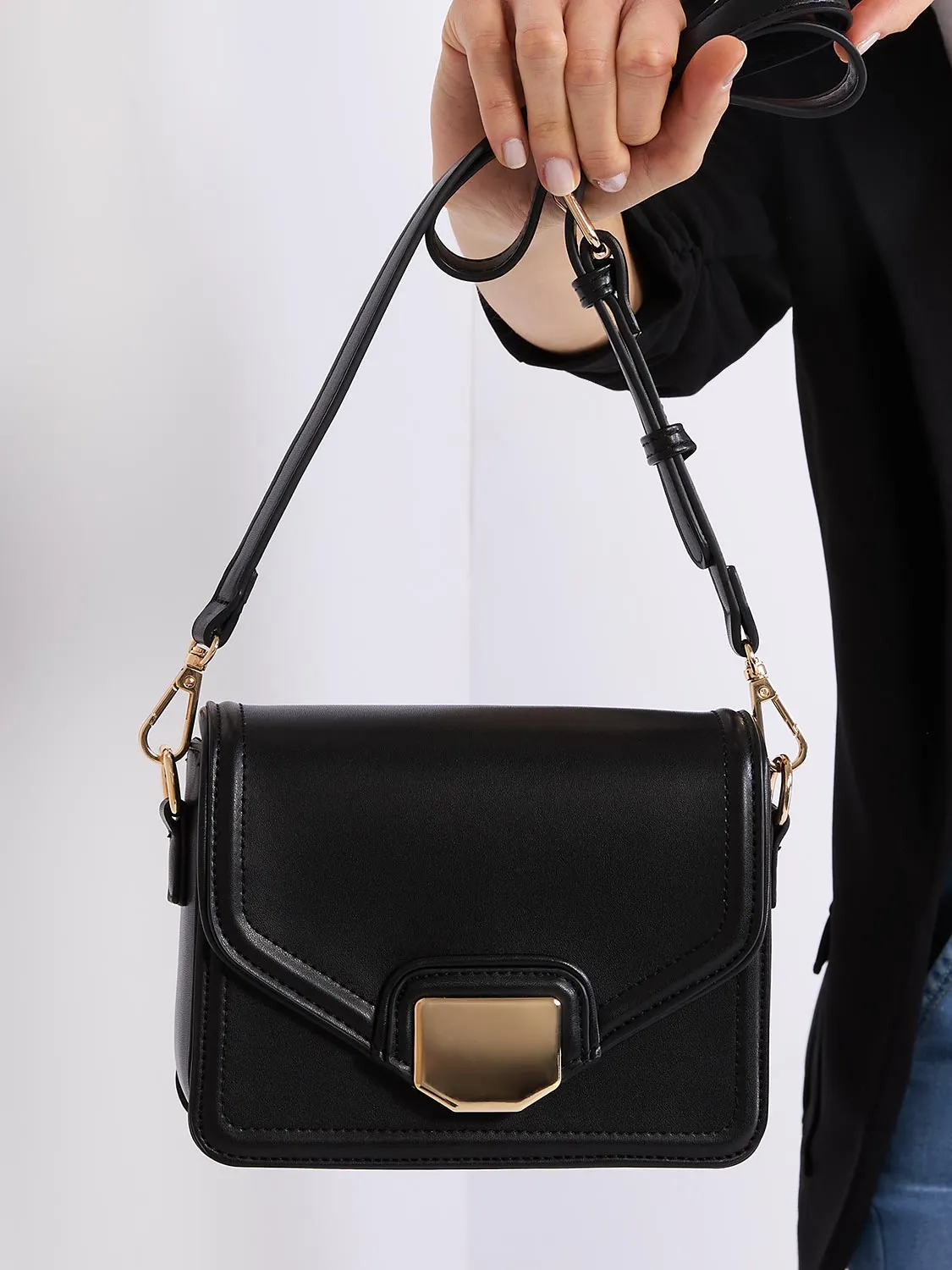 Faux Leather Crossbody Bag With Gold Buckle sold by Suzy Shier product image thumbnail 2