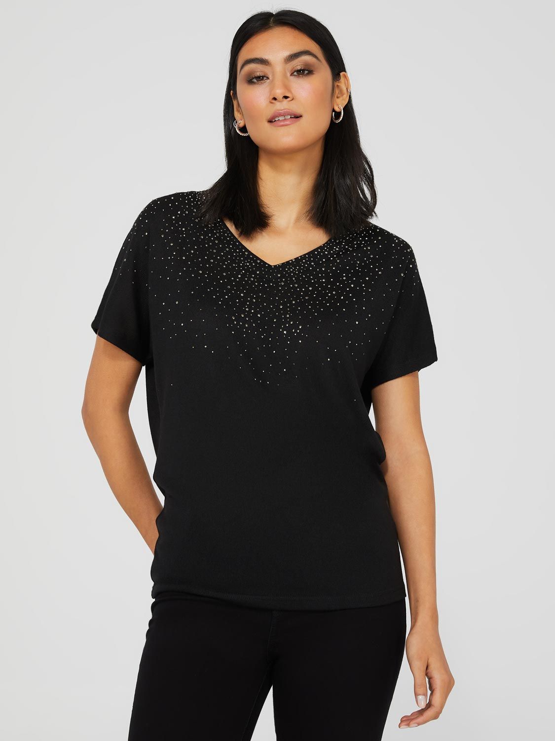 Studded Short Sleeve V-Neck Top sold by Suzy Shier
