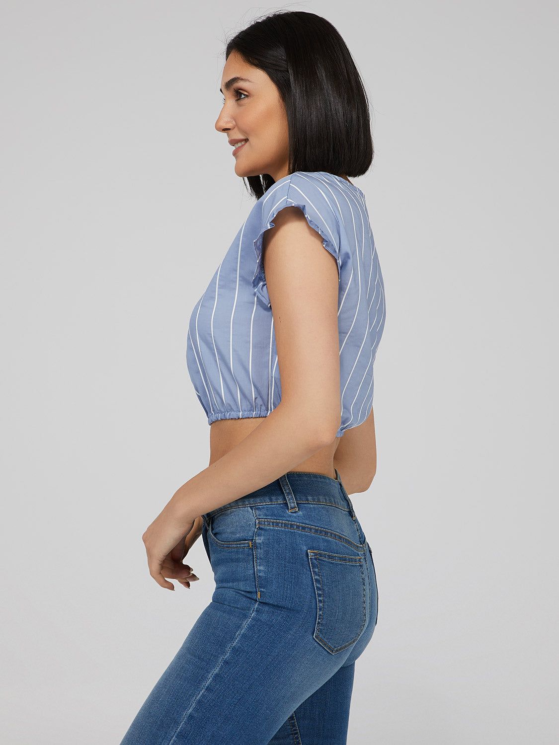 Striped Ruffle Sleeve V-Neck sold by Suzy Shier product image thumbnail 3