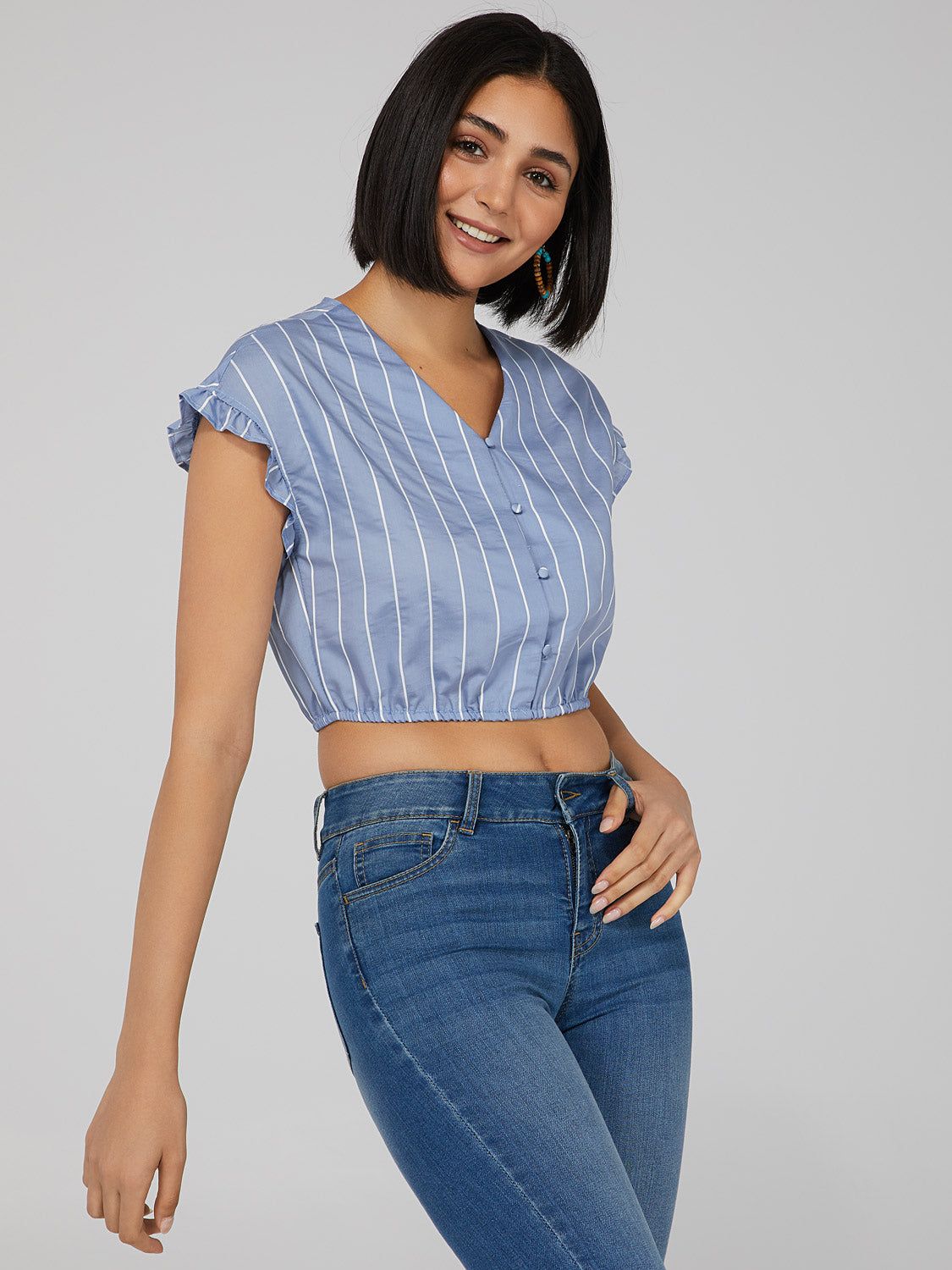 Striped Ruffle Sleeve V-Neck sold by Suzy Shier product image thumbnail 2