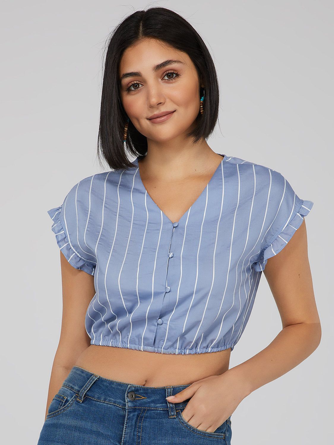 Striped Ruffle Sleeve V-Neck sold by Suzy Shier