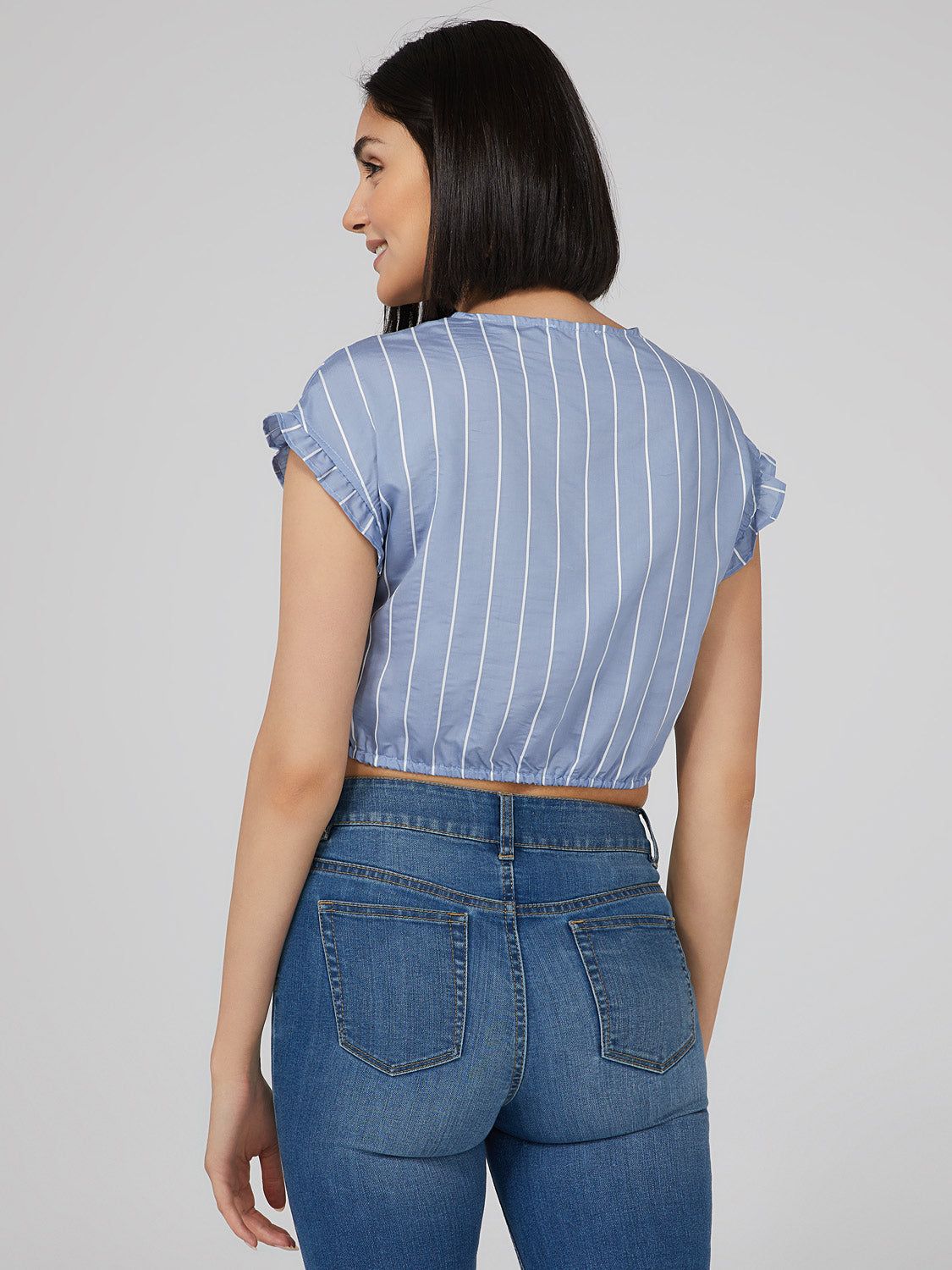 Striped Ruffle Sleeve V-Neck sold by Suzy Shier product image thumbnail 4