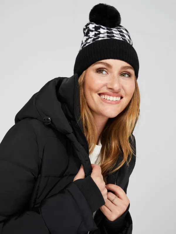 Houndstooth Lined Hat With Faux Fur Pom Pom sold by Suzy Shier