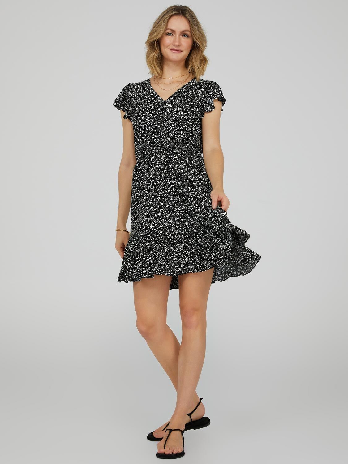 Printed V-Neck Mini Dress With Tiered Skirt sold by Suzy Shier