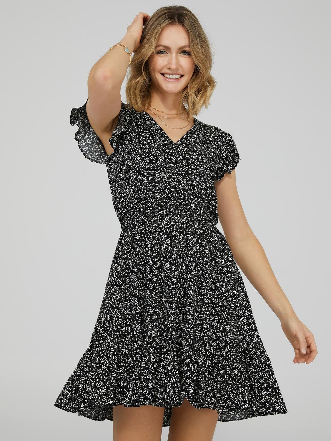 Printed V-Neck Mini Dress With Tiered Skirt sold by Suzy Shier product image thumbnail 2