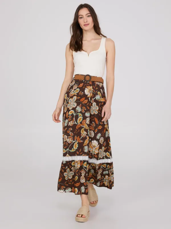 Floral Print Belted Maxi Skirt With Lace Trim sold by Suzy Shier
