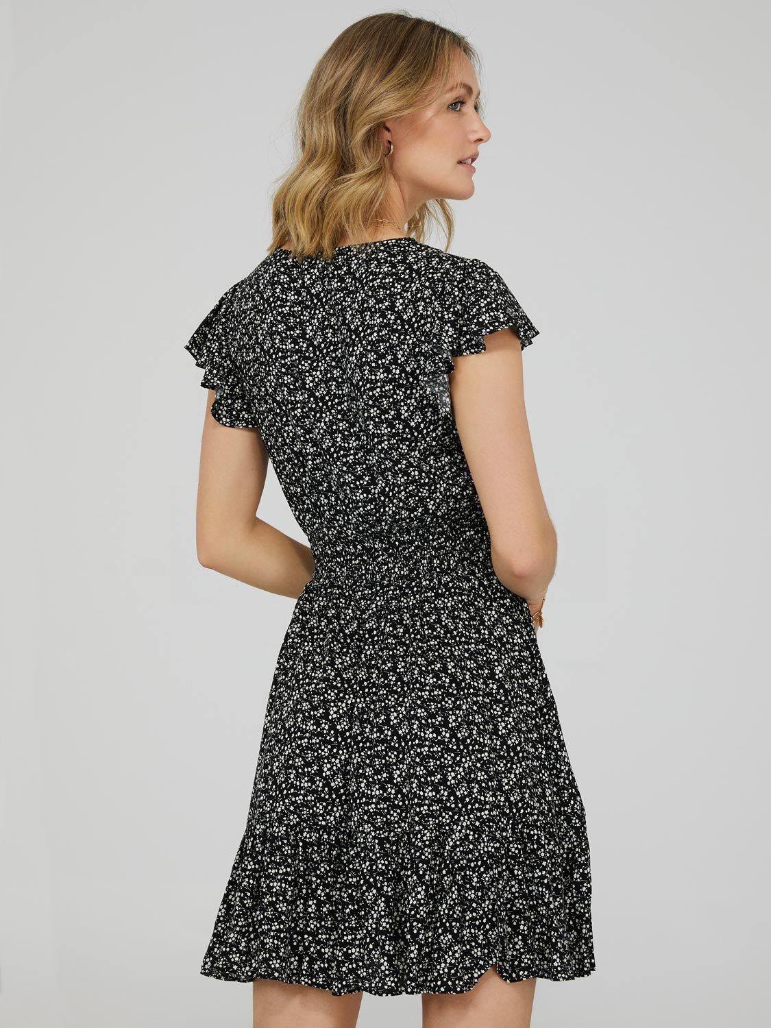 Printed V-Neck Mini Dress With Tiered Skirt sold by Suzy Shier product image thumbnail 5