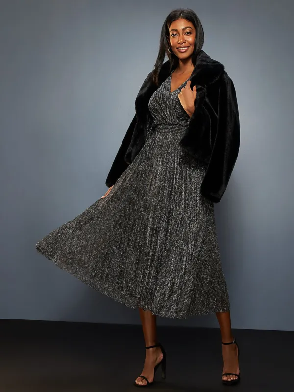 Metallic Pleated Cross-Front Midi Dress sold by Suzy Shier