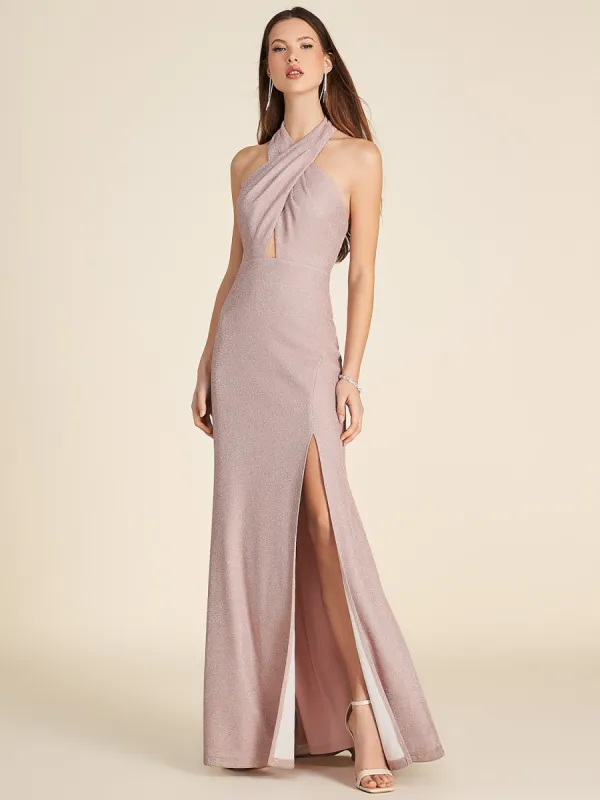 Halter Neck Sparkle Knit Gown With Front Cut-Out sold by Suzy Shier