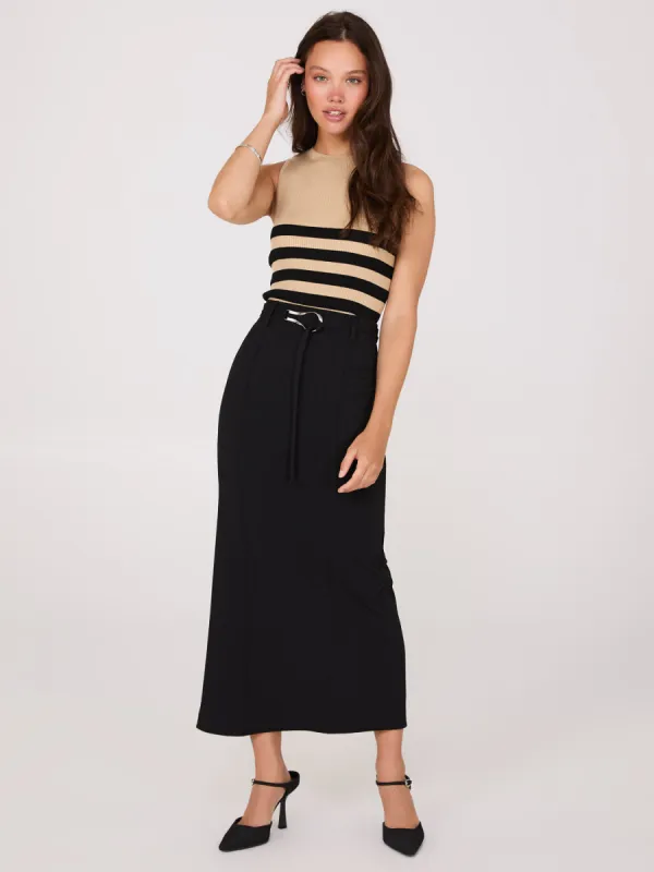 Belted Front Pintuck Column Skirt sold by Suzy Shier
