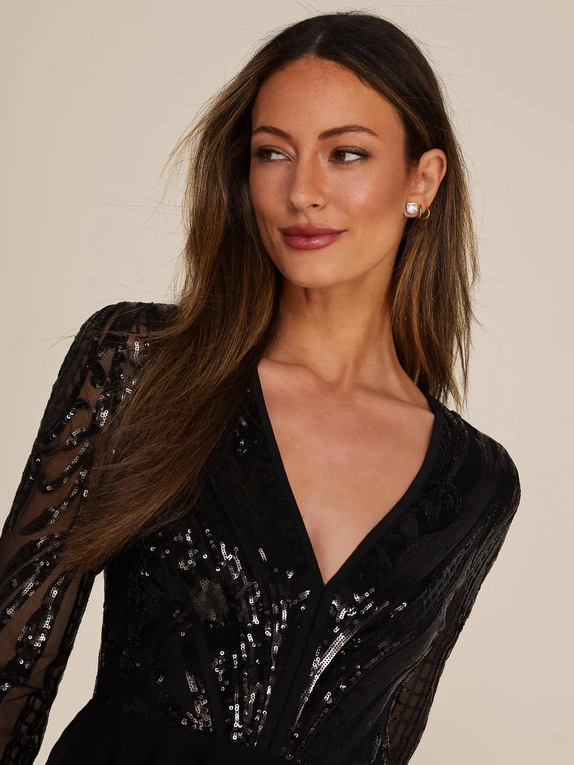 Sequin Long Sleeve Mini Fit & Flare Dress sold by Suzy Shier product image thumbnail 2