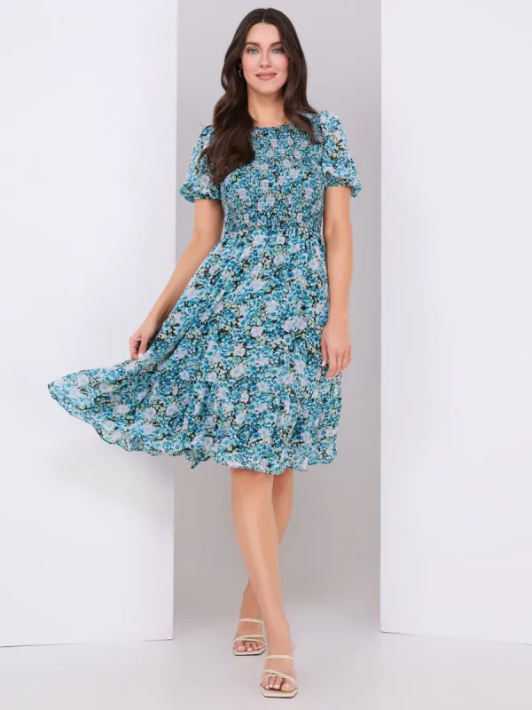 Floral Print Puff Sleeve Smocked Dress sold by Suzy Shier