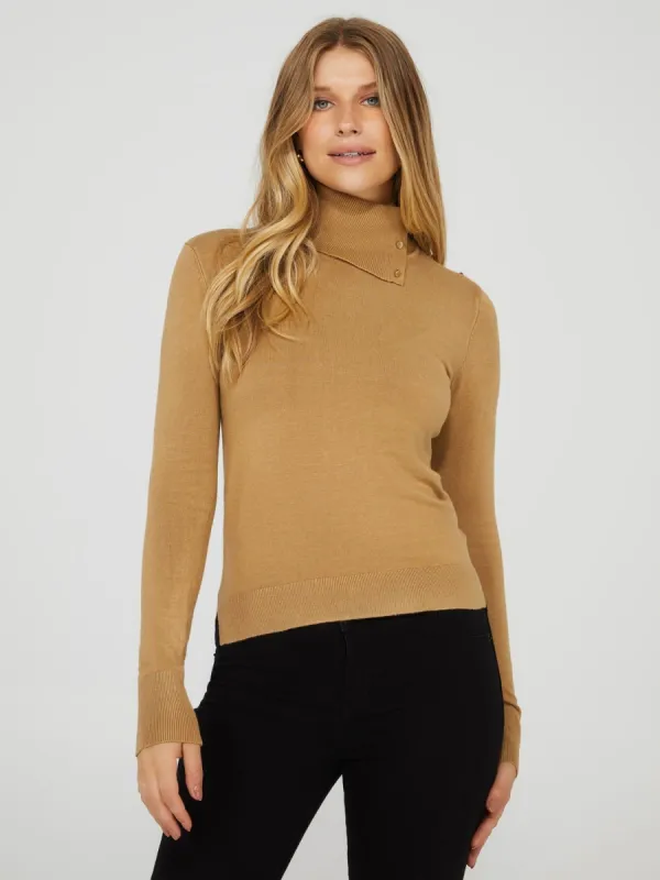 Split Turtleneck High-Low Sweater With Button Detail sold by Suzy Shier