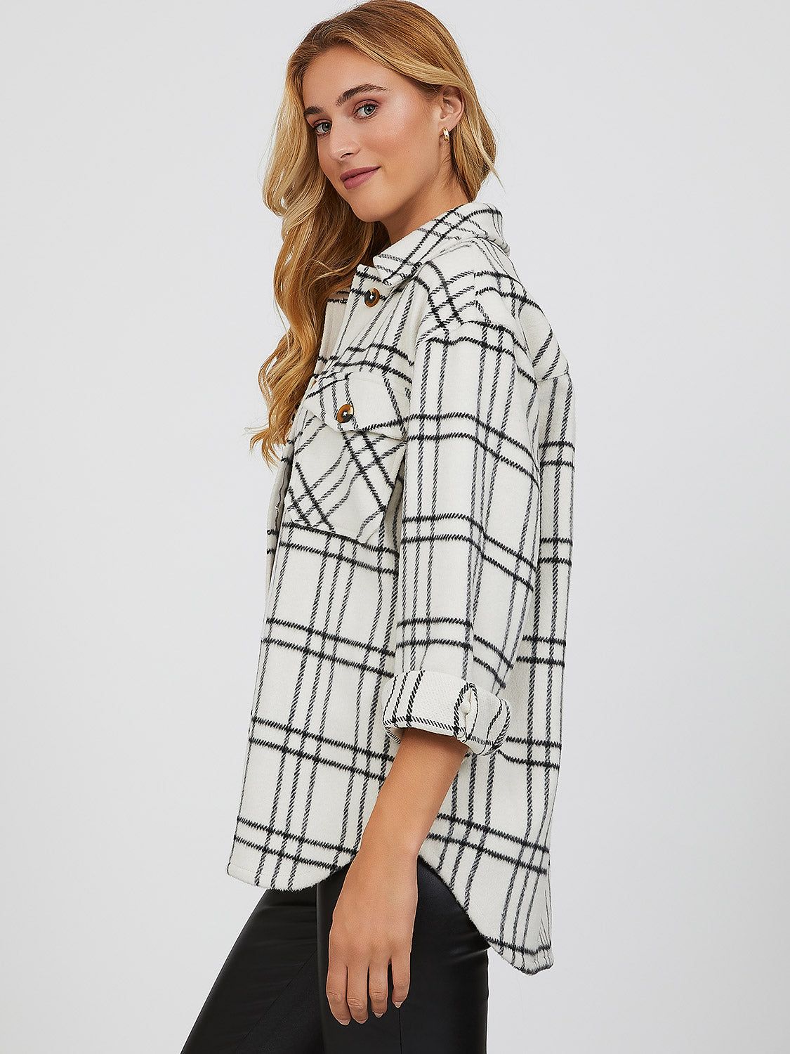 Unlined Button-Down Plaid Shacket sold by Suzy Shier product image thumbnail 4