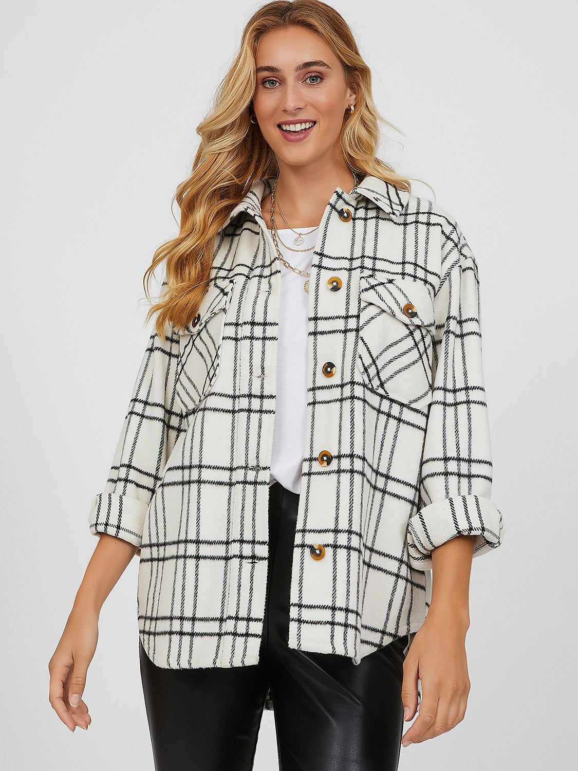 Unlined Button-Down Plaid Shacket sold by Suzy Shier