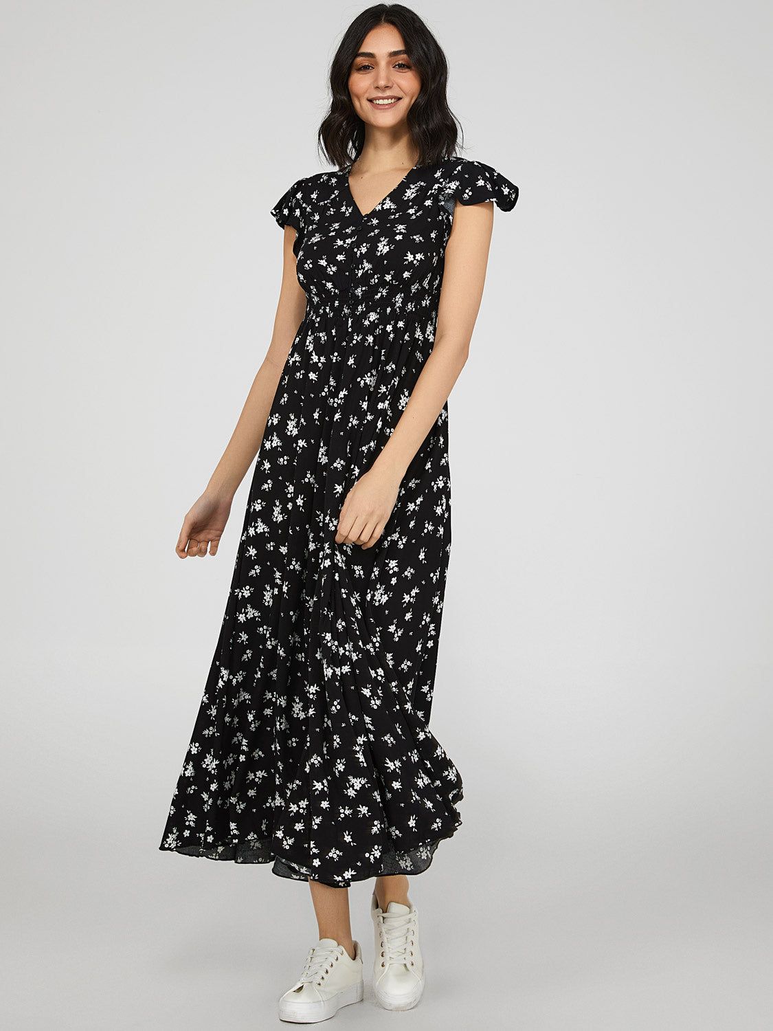 Button-Front Maxi Dress With Smocked Waist sold by Suzy Shier