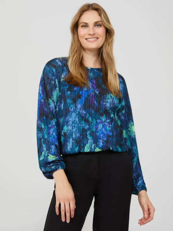 Printed Long Sleeve Plisse Volume Top sold by Suzy Shier