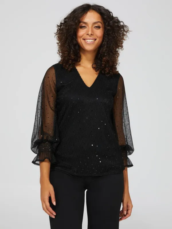 Glitter Crinkle Mesh Long Sleeve Top sold by Suzy Shier