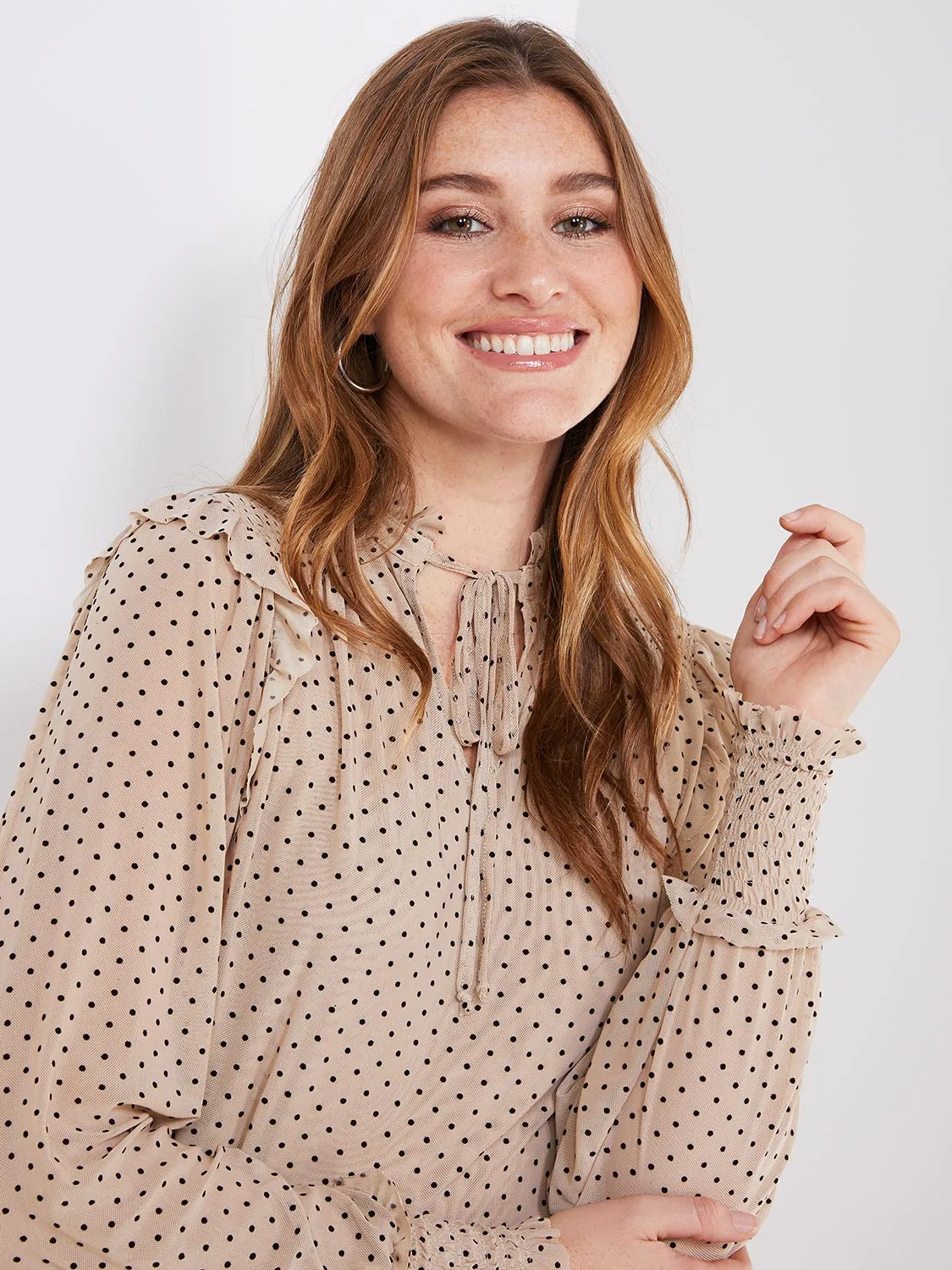 Velvet Dot Mesh Top With Ruffle Details sold by Suzy Shier product image thumbnail 2