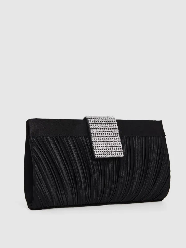 Pleated Satin Clutch With Flapover Rhinestone Buckle sold by Suzy Shier