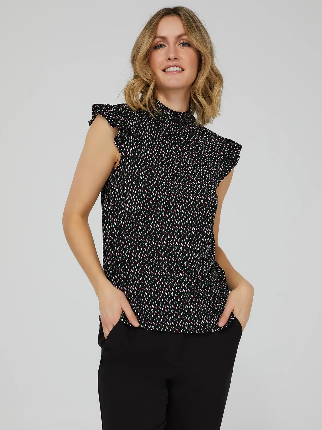 Printed Ruffle Cap Sleeve Mock Neck Top sold by Suzy Shier
