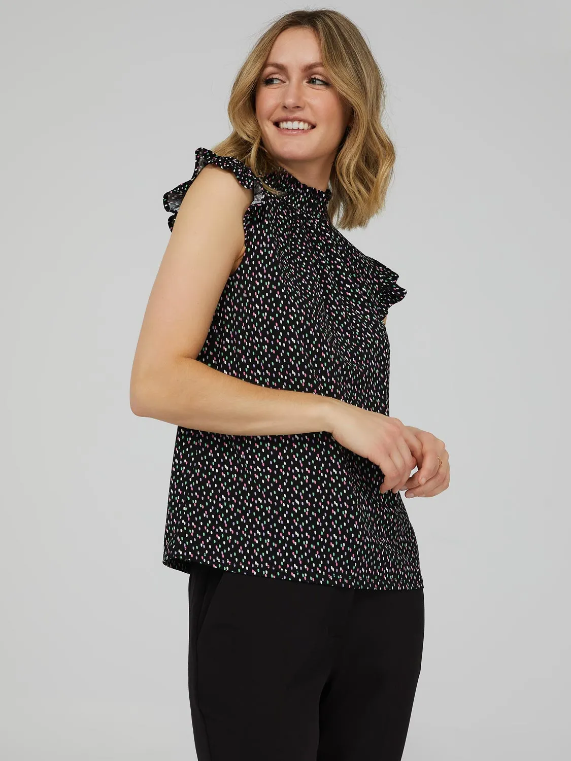 Printed Ruffle Cap Sleeve Mock Neck Top sold by Suzy Shier product image thumbnail 3