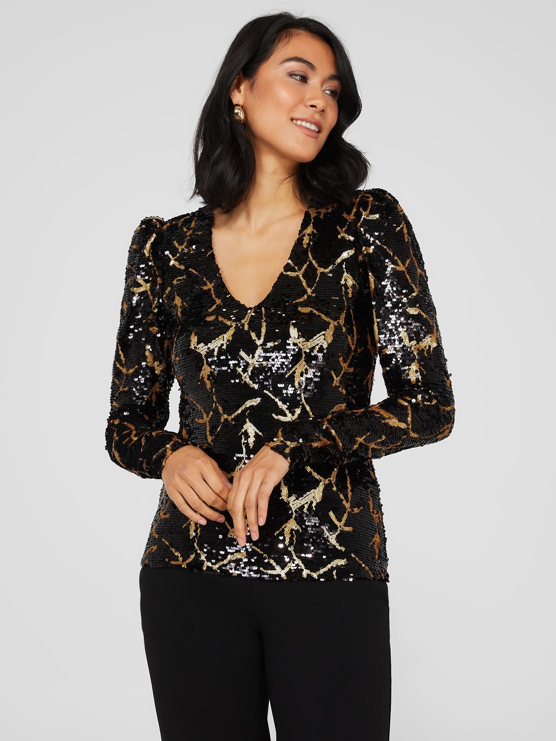 Puff Sleeve Sequin Mesh V-Neck Top sold by Suzy Shier product image thumbnail 3