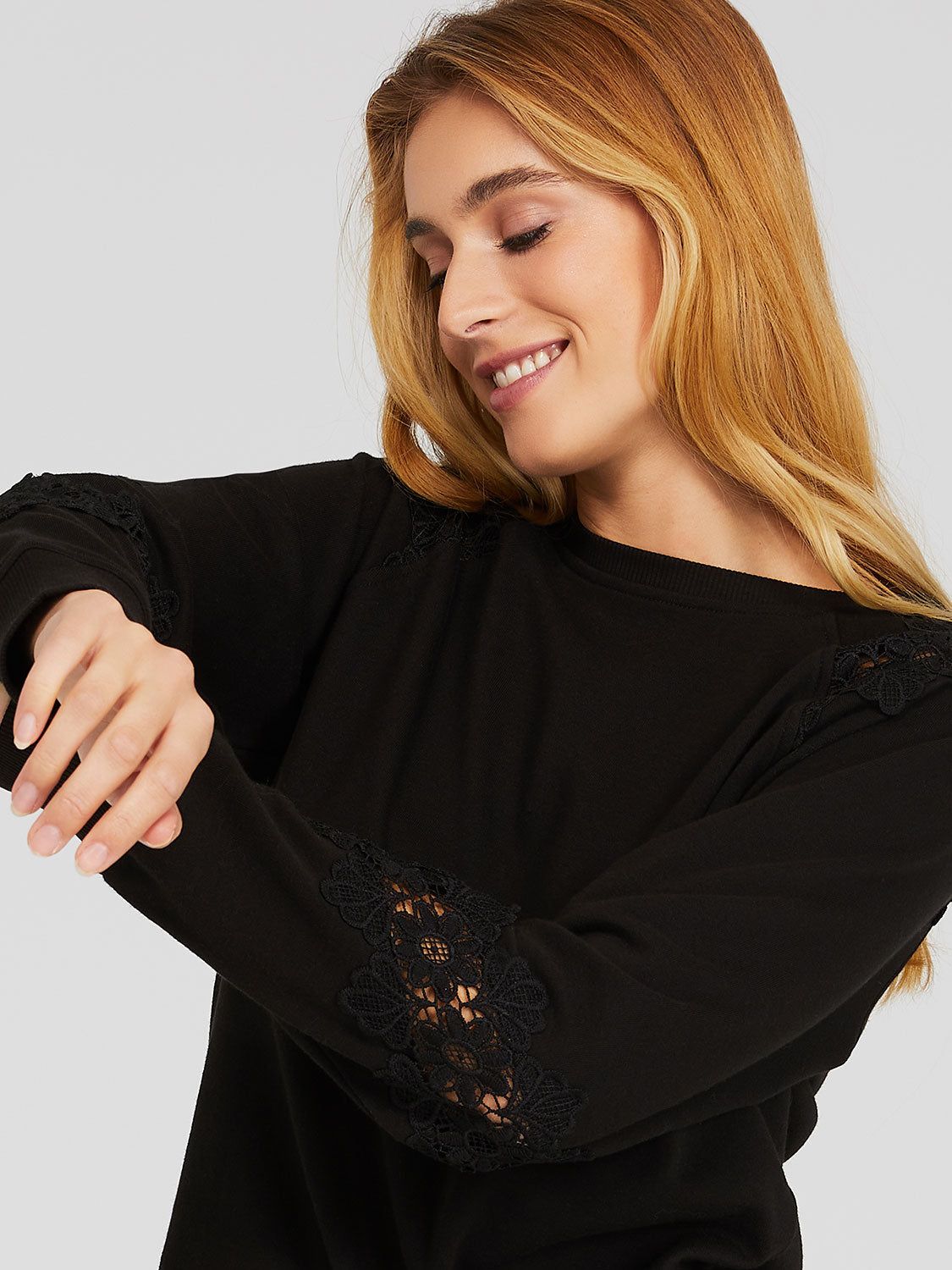 French Terry Crochet Detail Crew Neck Sweatshirt sold by Suzy Shier product image thumbnail 3