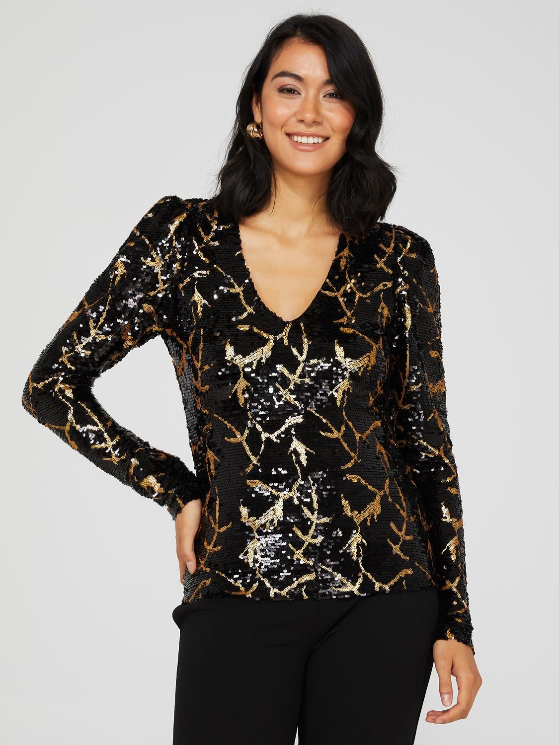 Puff Sleeve Sequin Mesh V-Neck Top sold by Suzy Shier