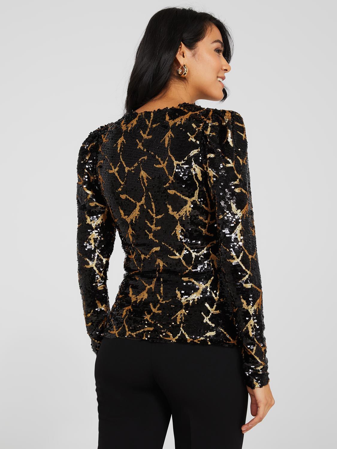 Puff Sleeve Sequin Mesh V-Neck Top sold by Suzy Shier product image thumbnail 5