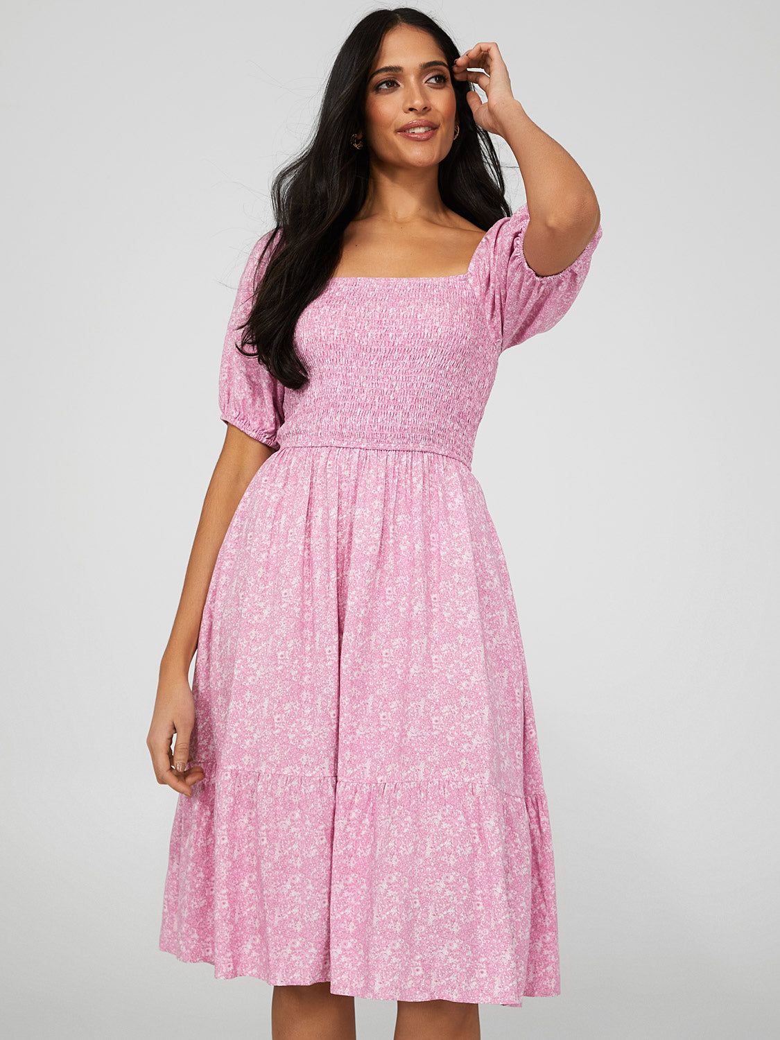 Printed Smocked Square Neck Midi Dress sold by Suzy Shier product image thumbnail 2