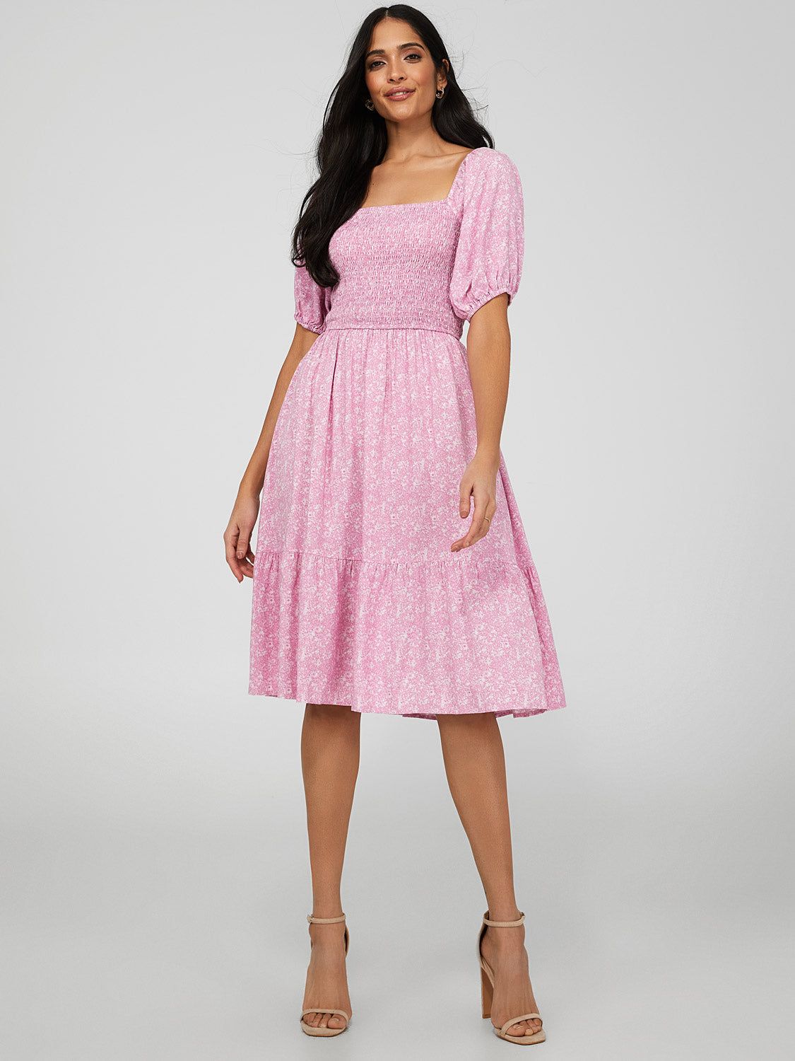 Printed Smocked Square Neck Midi Dress sold by Suzy Shier