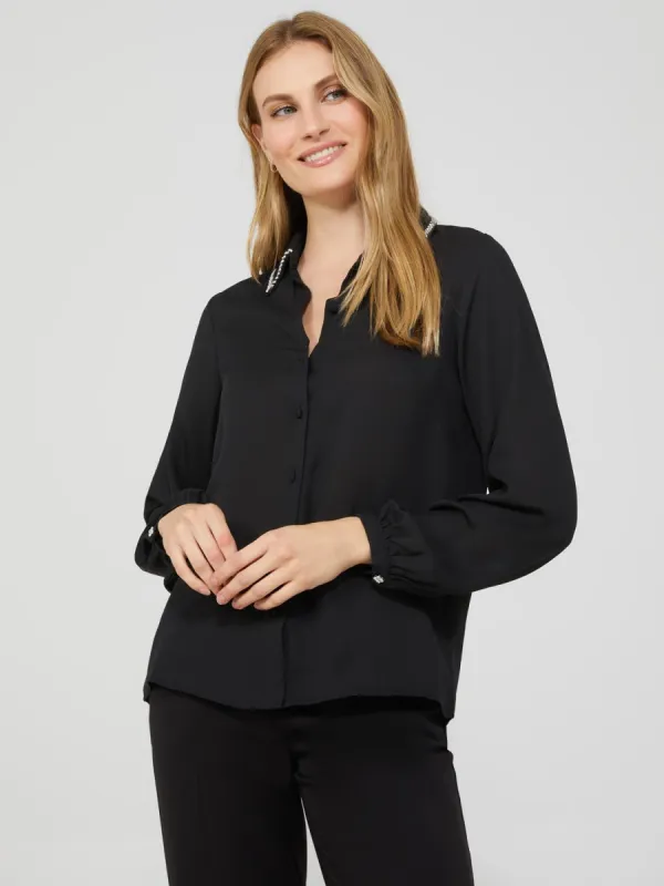 Chiffon Button-Front Blouse With Rhinestone Collar sold by Suzy Shier