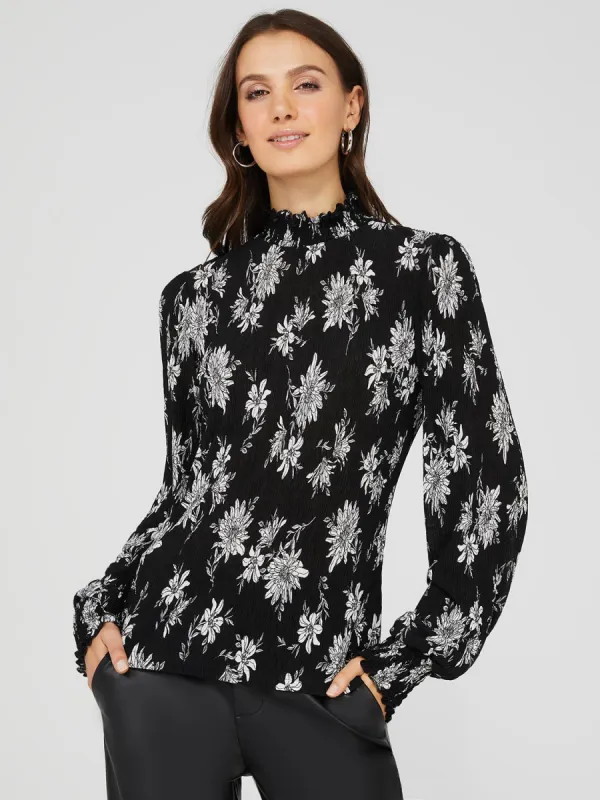 Floral Print Textured Plisse Mock Neck Top sold by Suzy Shier