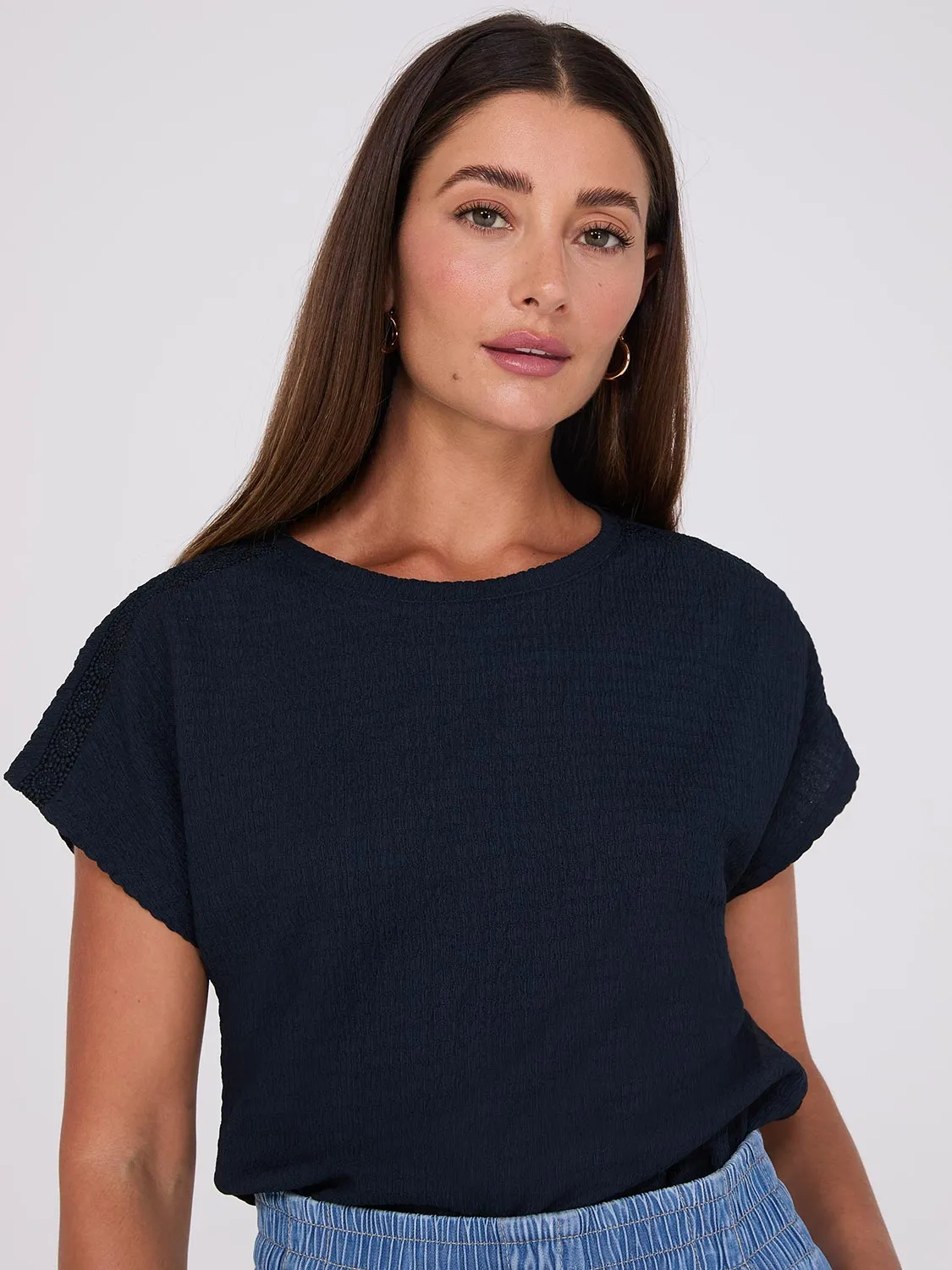 Textured Crew Neck Top With Crochet Details sold by Suzy Shier product image thumbnail 3