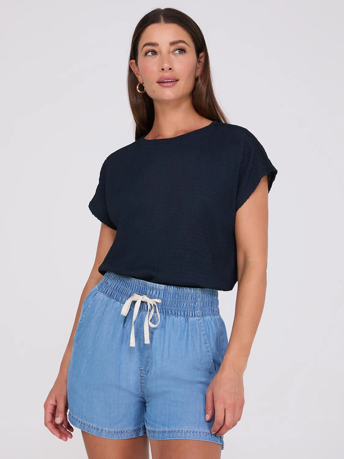 Textured Crew Neck Top With Crochet Details sold by Suzy Shier