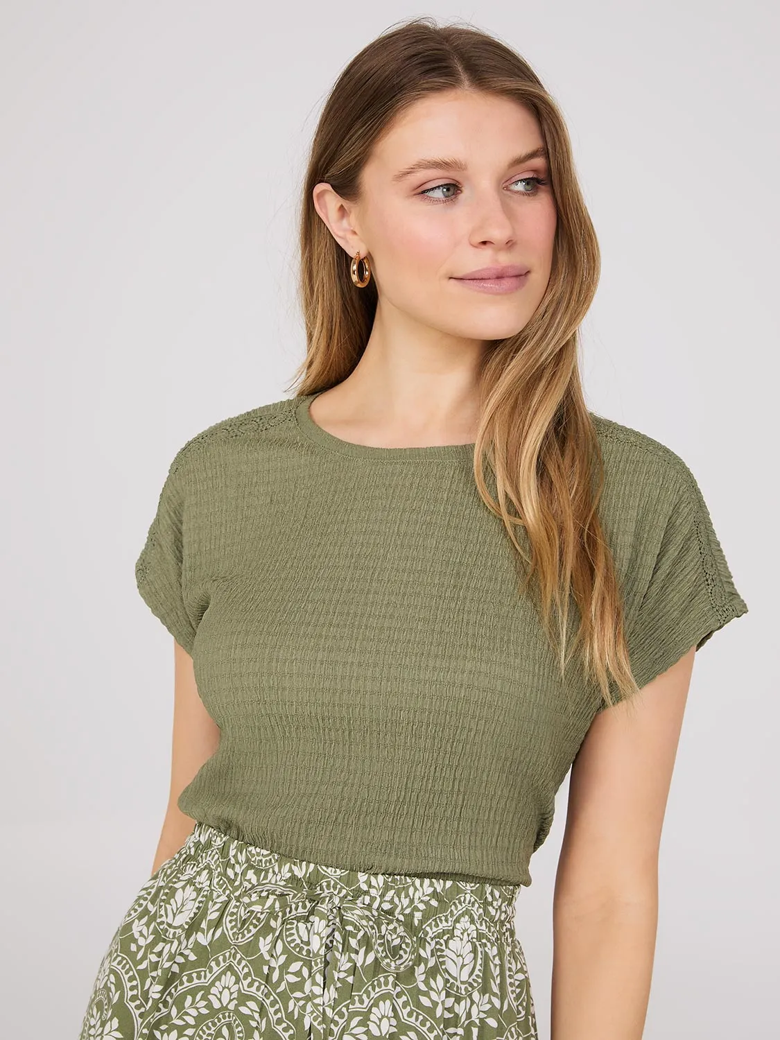 Textured Crew Neck Top With Crochet Details sold by Suzy Shier product image thumbnail 5