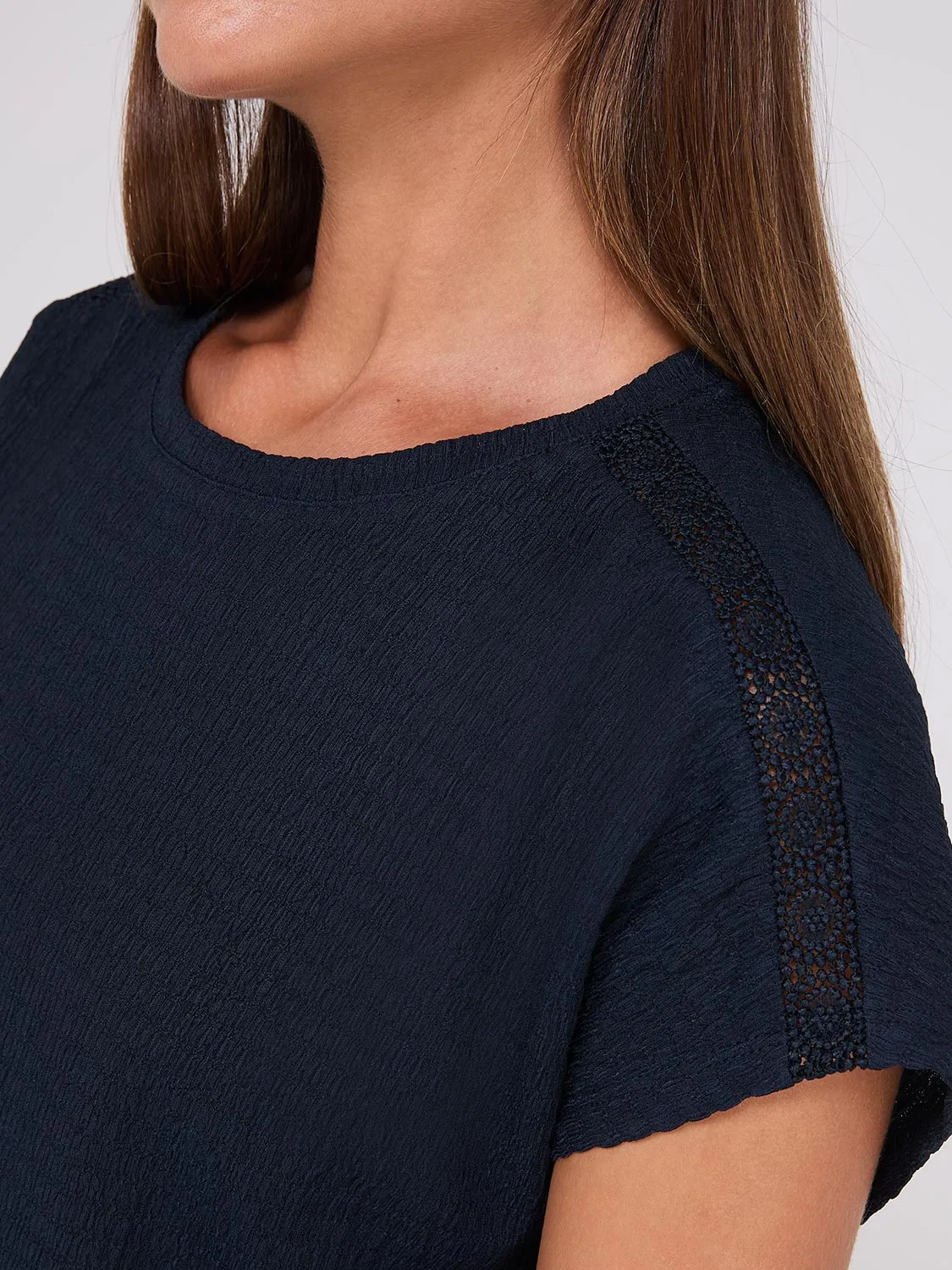 Textured Crew Neck Top With Crochet Details sold by Suzy Shier product image thumbnail 2