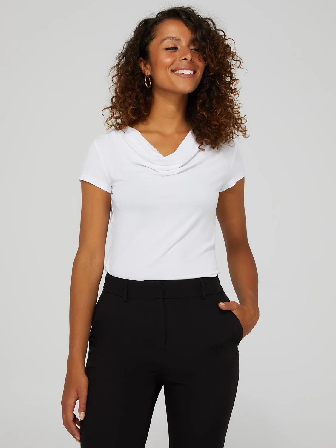 Short Sleeve Crepe Cowl Neck Top sold by Suzy Shier