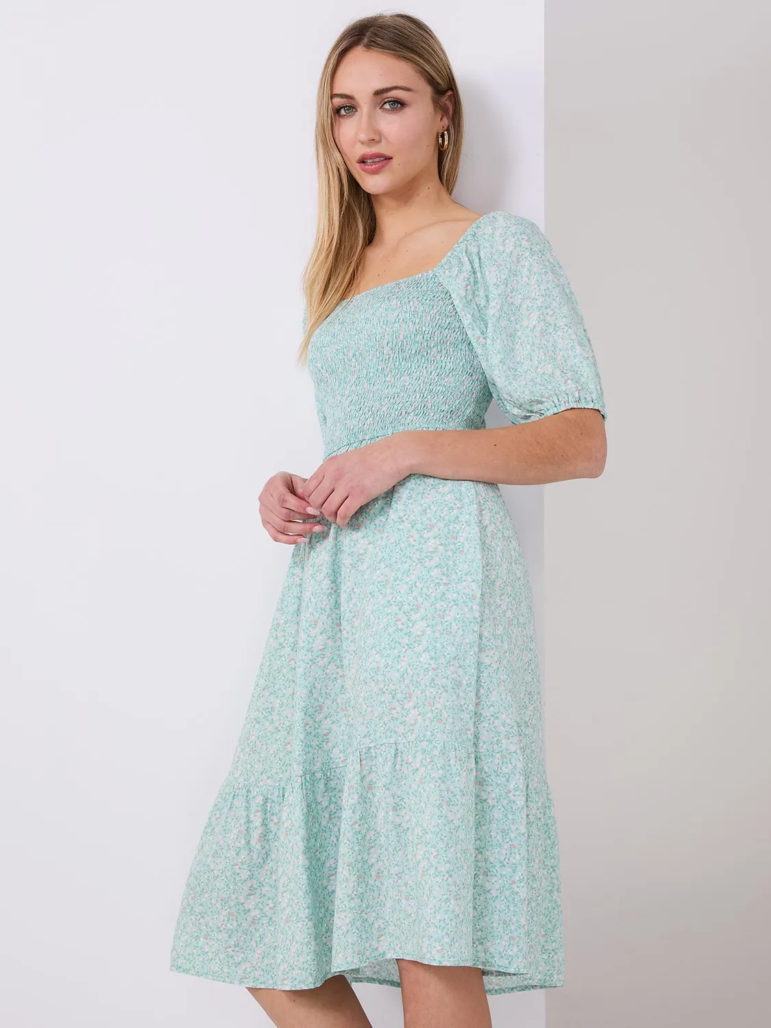 Printed Smocked Square Neck Midi Dress sold by Suzy Shier product image thumbnail 4