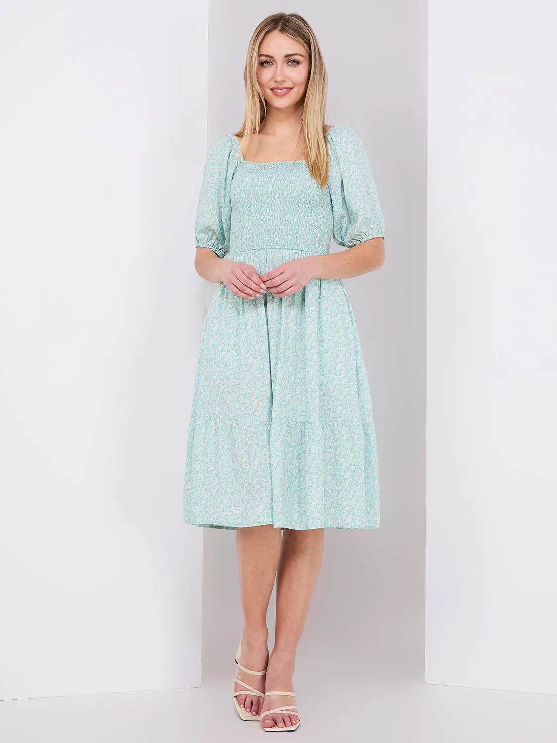Printed Smocked Square Neck Midi Dress sold by Suzy Shier