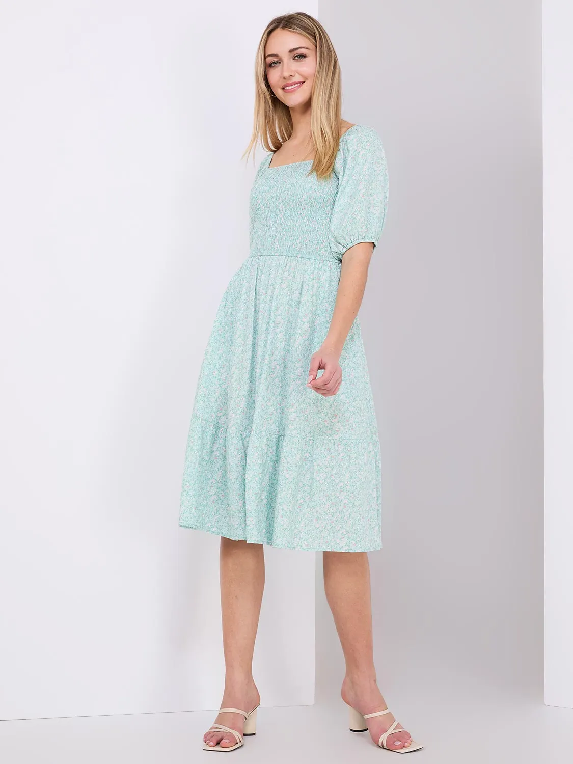 Printed Smocked Square Neck Midi Dress sold by Suzy Shier product image thumbnail 3