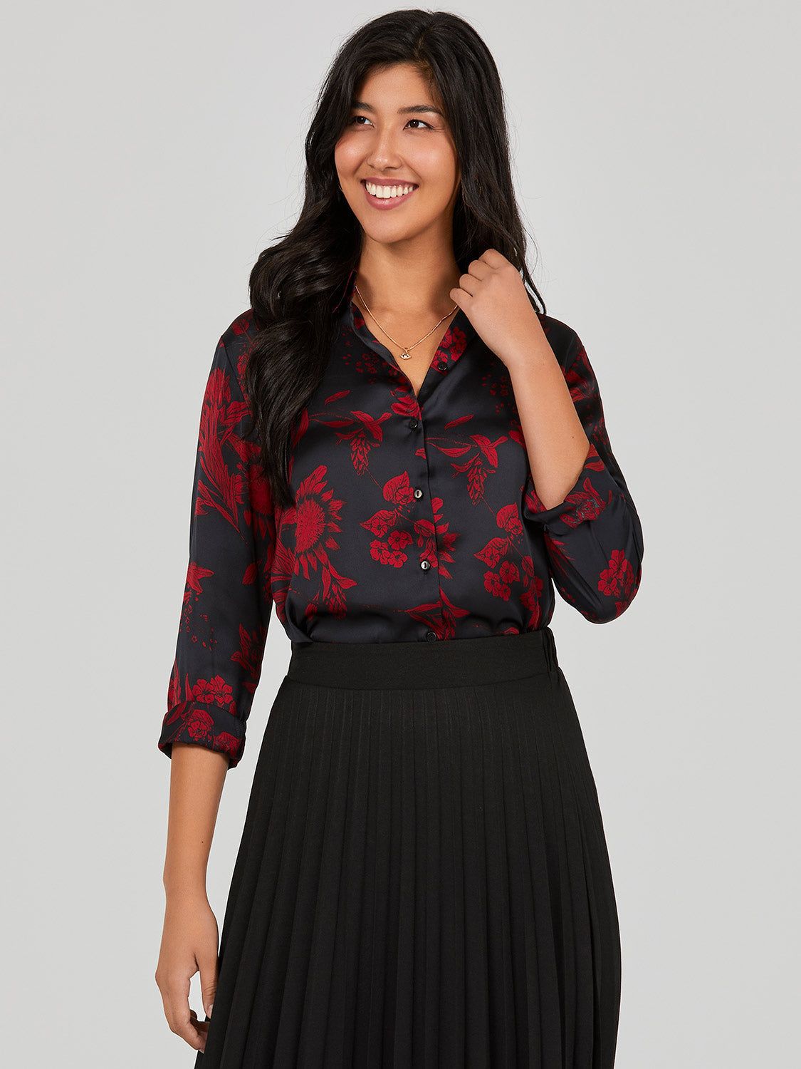 Satin Floral Button-Down Blouse sold by Suzy Shier